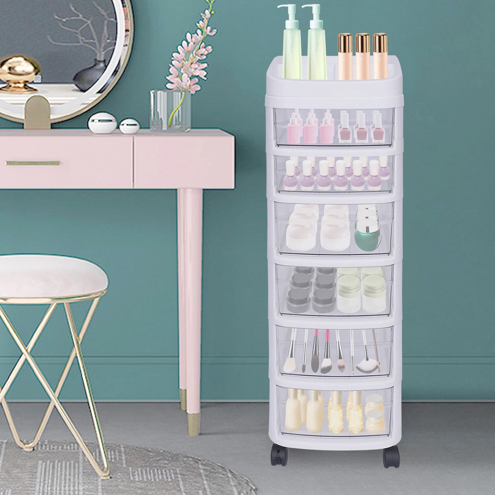 عربة تخزين دوارة مكونة من 6 طبقات مع أدراج، وخزانة تنظيم متنقلة على عجلات، وبرج تخزين أبيض لتنظيم خزانة غرفة النوم #2