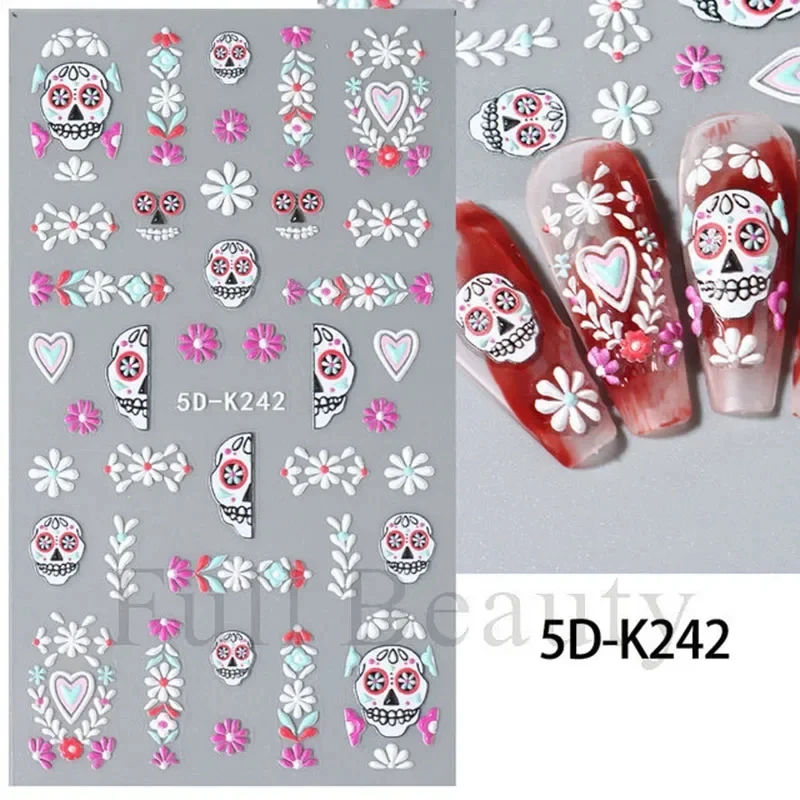 Halloween New Nail Stickers 5D Embossed 3D Halloween Cute Ghost Spider Web Pumpkin Nail Sticker for Women and Girls