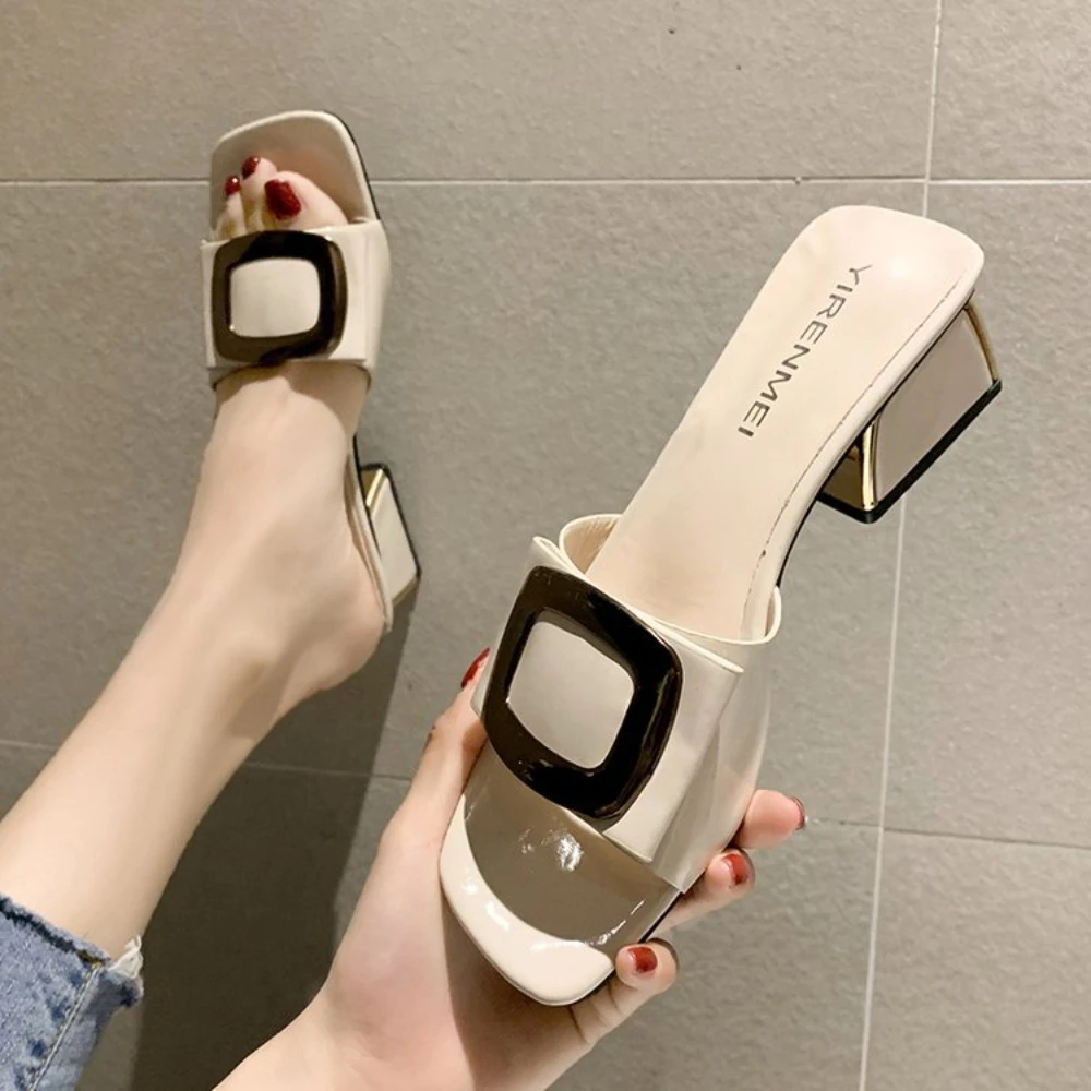 2022 Fashion Elegant Womens Sandals High Quality Solid Metal Decorate PU Leather Square Toe Femme Low Heel Party Dress Shoes