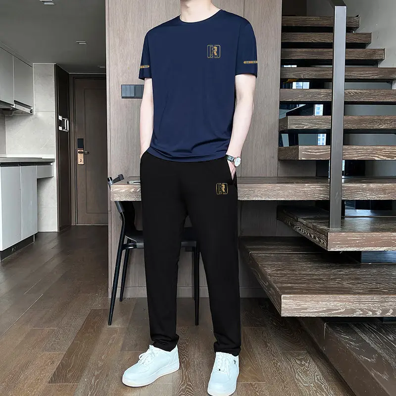 Conjunto de Camiseta de Manga Curta em Seda Gelada de Alta Qualidade para Homens, Nova Tendência de Moda de Verão, Roupa Espo...