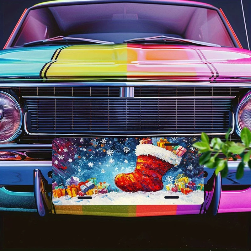 2D-flach, 2D-flacher Karpfen, 1er-Pack, Feiertags-Weihnachtsstrumpf mit Geschenk, Nummernschild - 15,24x30,48 cm, Schneeszene  S
