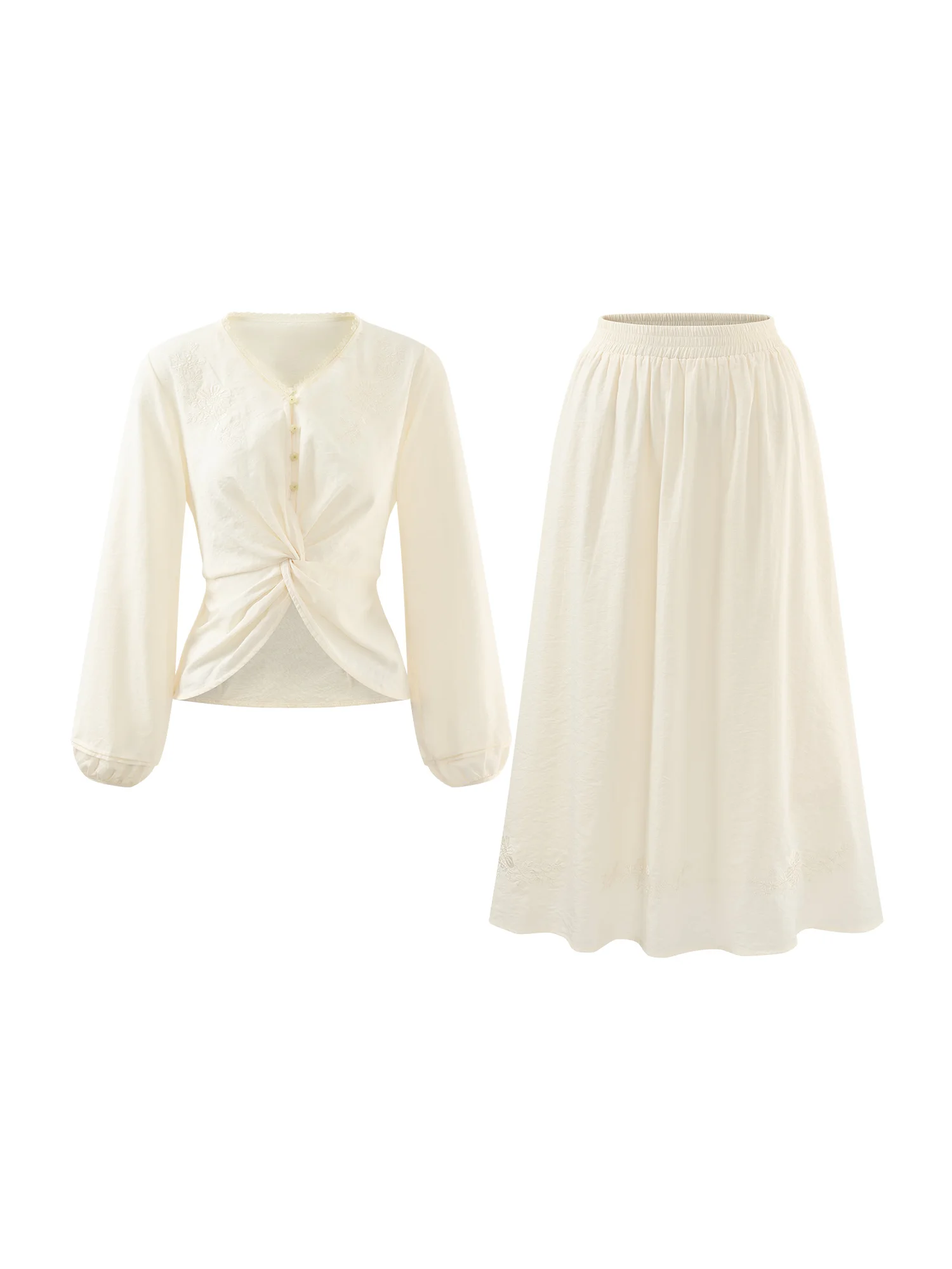 Elegant Floral Embroidered V-Neck Twist Blouse Long Sleeve Slim Top Women Autumn Fashion Sweet Chic Design Waist Knot Detailing