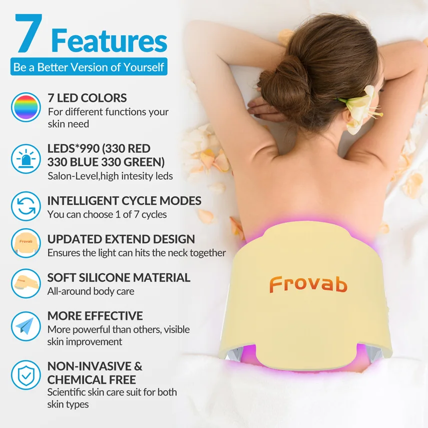 Frovab-terapia de luz Facial Led, dispositivo de fototerapia para rejuvenecimiento de la piel, blanqueamiento, desvanecimiento de cicatrices y acné, 7 en 1, colores