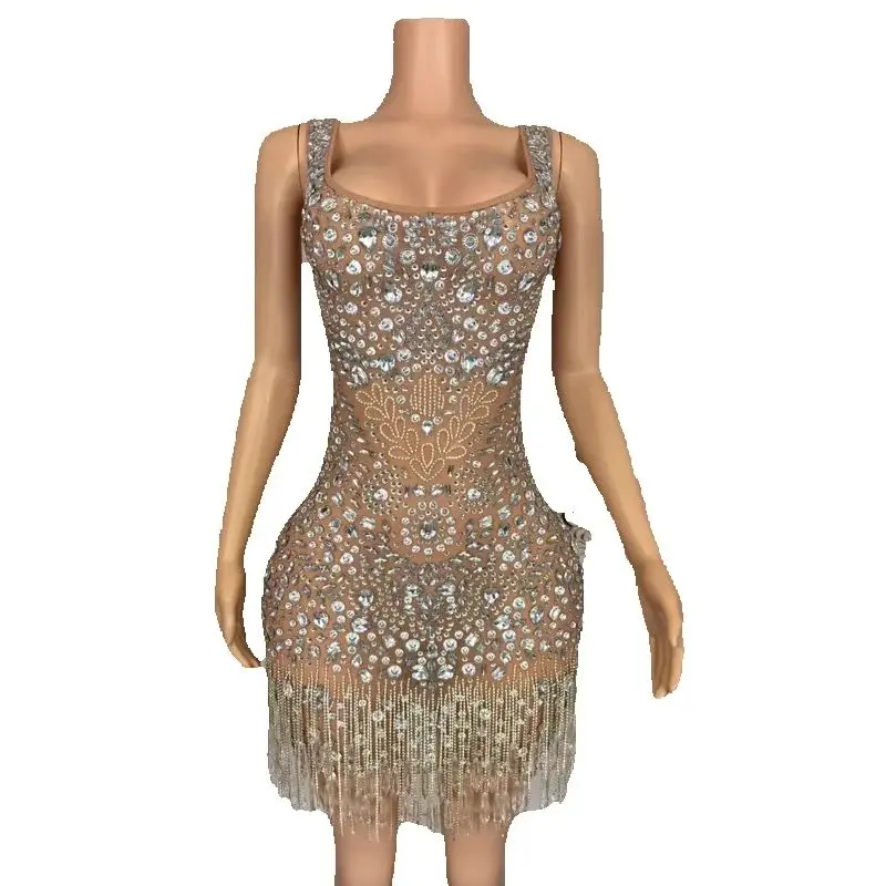 라인스톤 프린지 드레스 여성 가수 축제 의상 나이트클럽 바 DJ DS 재즈 코스튬 무대 공연 의상