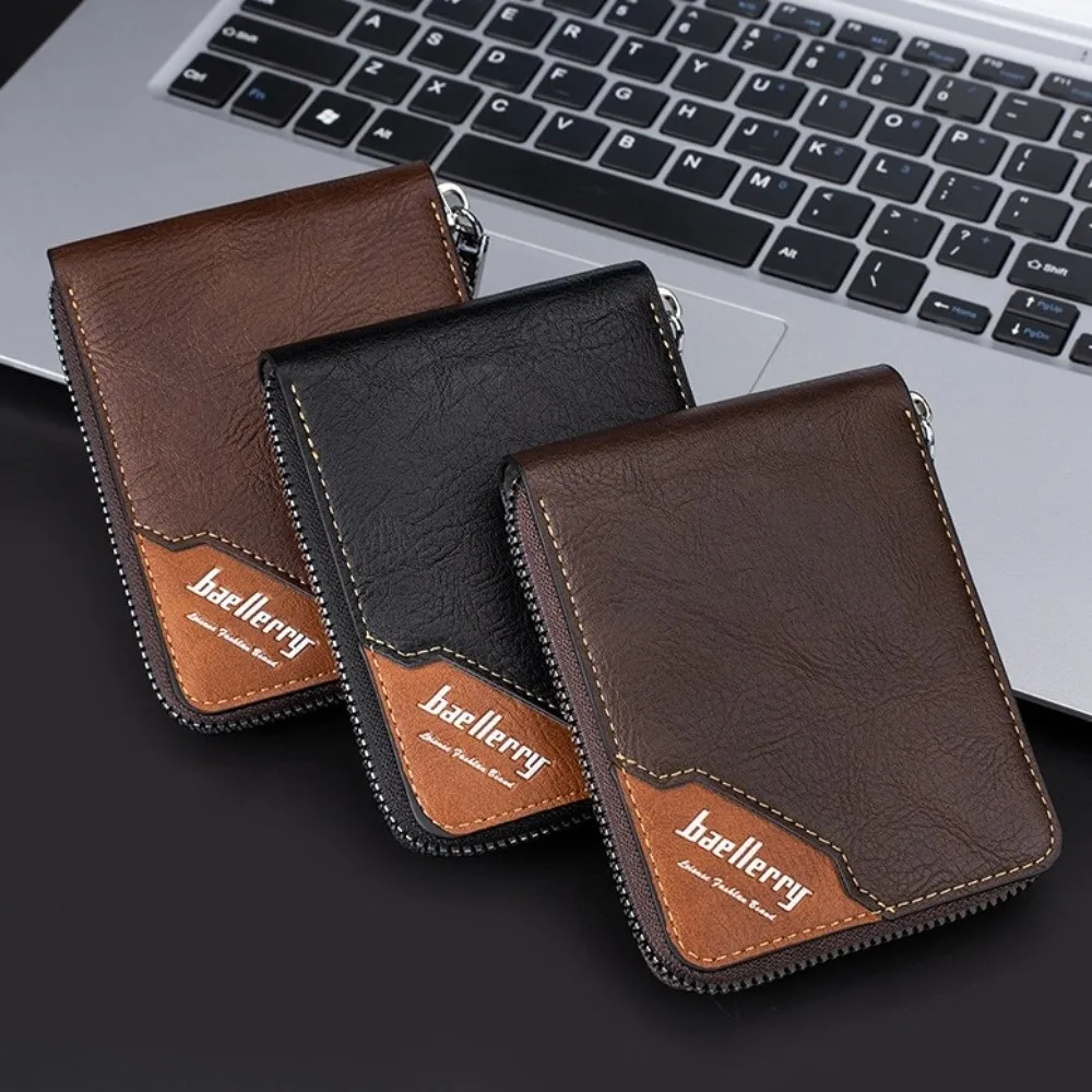 

Leather Men's Short Wallet Zipper Card Bag Urban Recreational Style Male Leather Purse Credit Card Case English Letter
