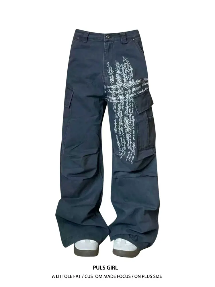 

Large Size American Street Style High Waist Wide Leg Pants Women's Workwear Denim Jeans Multiple Pockets Casual Trousers