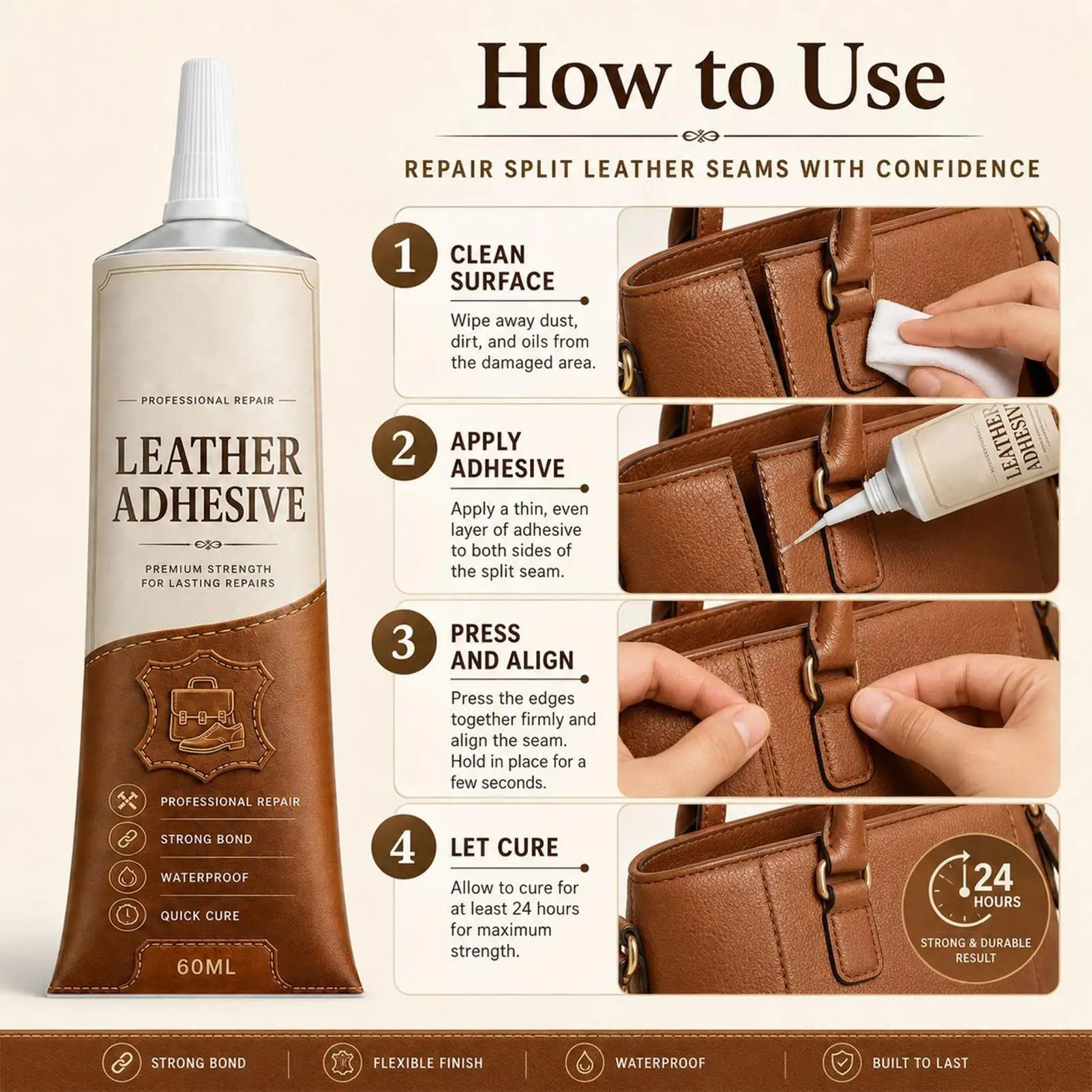 60ml Leather Repair Glue Waterproof Quick Dry Strong Adhesive for Car Seat Sofa Shoes Bag Jacket Leather Bonding DIY Fix Tool
