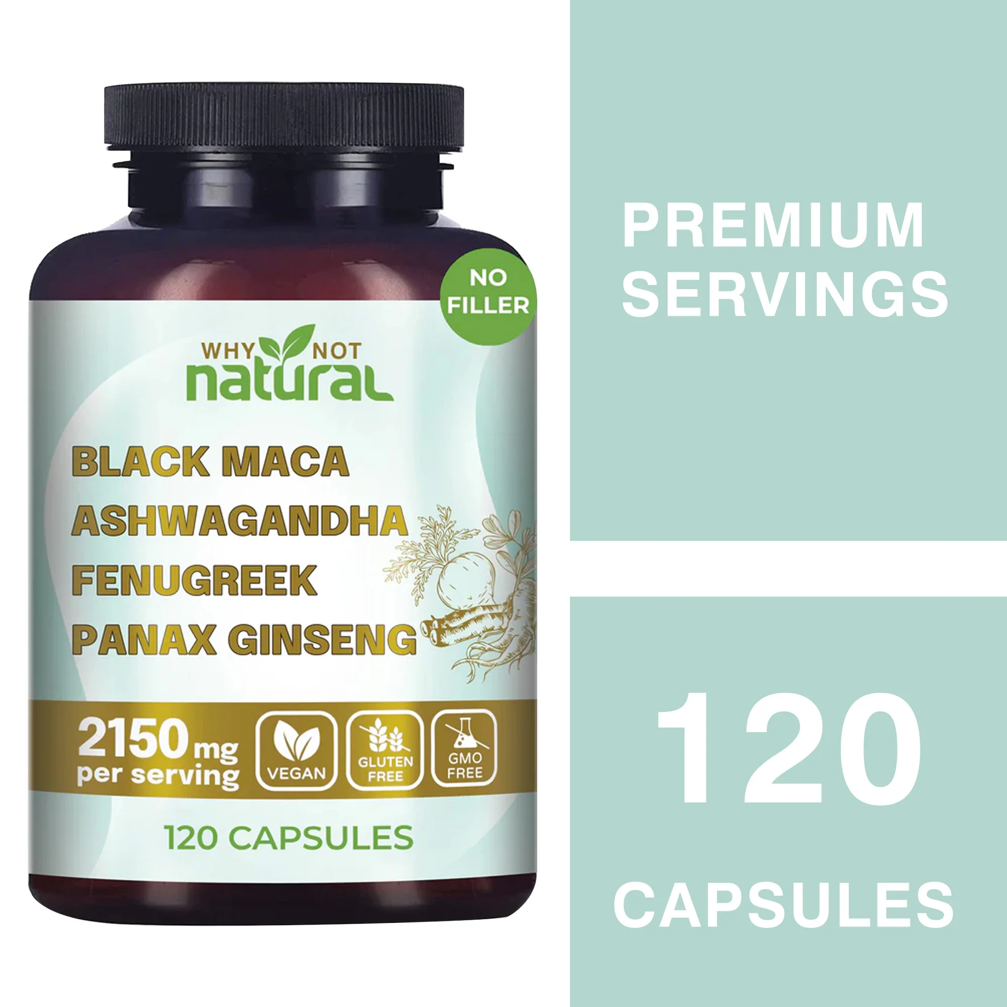

Original Black Maca Root, Ashwagandha, Panax Ginseng, Fenugreek Capsules, Male Enhancing Supplement Natural 4-in-1 Organic