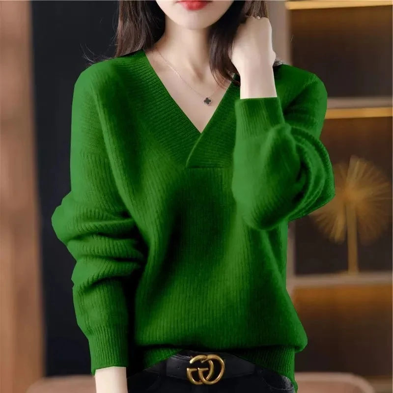 Cashmere Sweater Women\'s 100% Wool Sweater Fashion V-neck Knitted Pullover 2024 Winter and Autumn New Loose Solid Soft Sweater