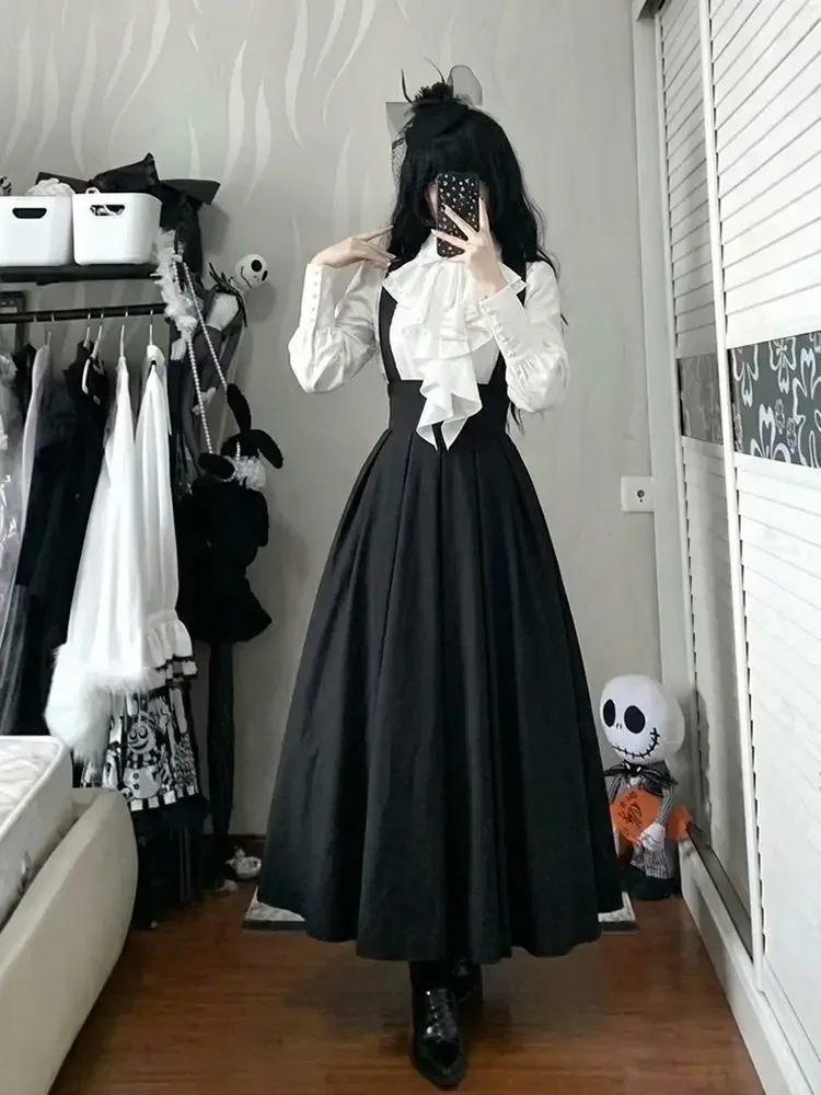 IMU Spring Gothic Vintage 2 Piece Sets Women 2000s Aesthetic Lolita Elegant Blouse+ Black Long Dress Female Koran Popular Clothe