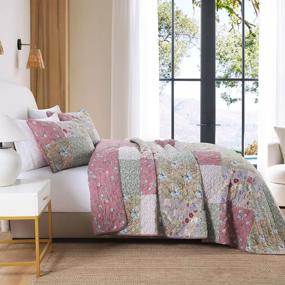 

Vintage Patchwork Cotton Quilt Set 3PCS King/Queen Size Bedspread Lightweight Summer Quilted Blanket Coverlet Comforter
