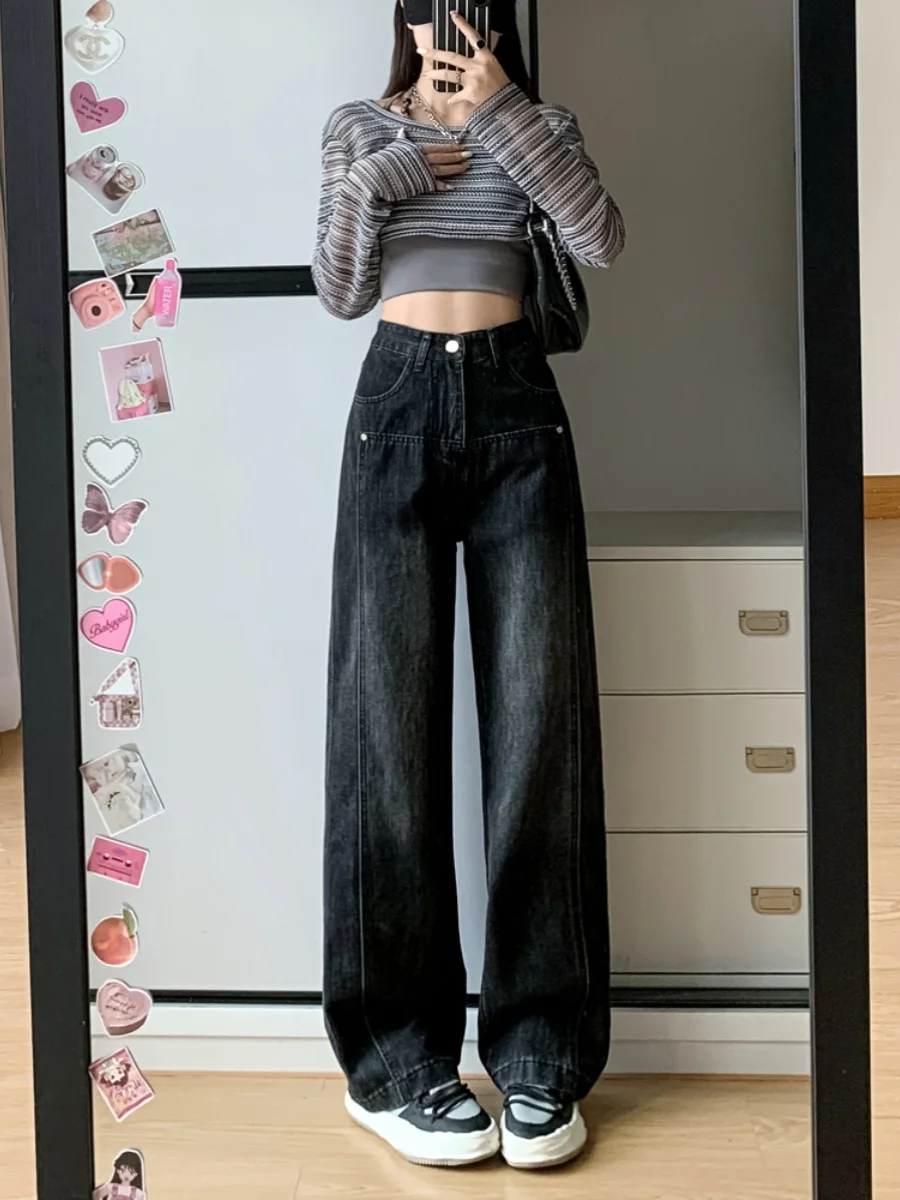 ارتفاع الخصر واسعة الساق الدينيم الجينز المرأة فضفاضة تناسب مستقيم السراويل الطويلة الخريف جديد Sle حجم كبير الكمثرى القرد الجسم التخسيس Bla... #5