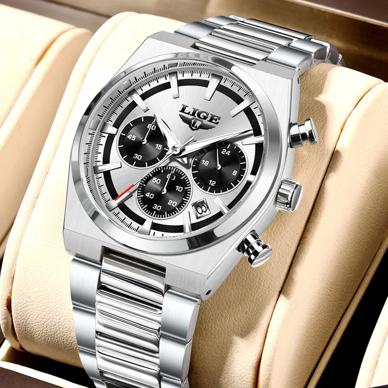 

LIGE Business Man Кварцевые часы Спортивные военные часы для мужчин Водонепроницаемые светящиеся хронограф с датой Мужские часы из нержавеющей стали