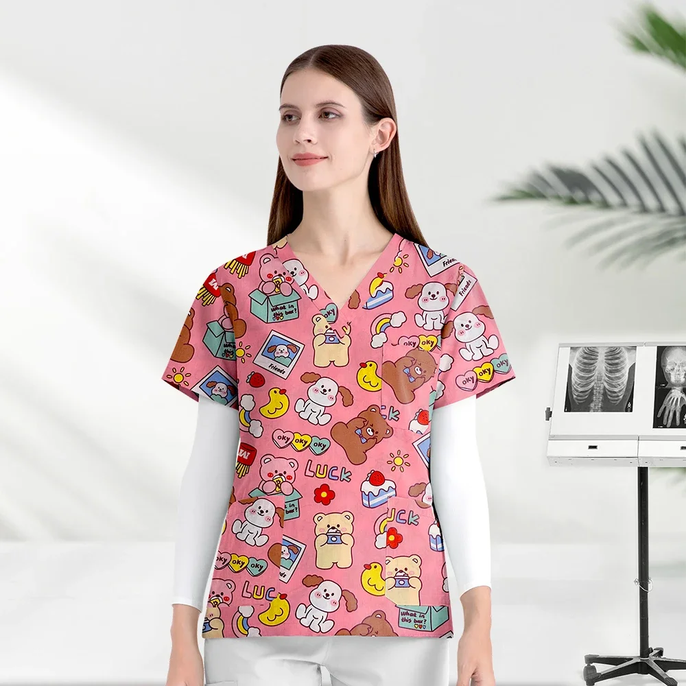 Abbigliamento da lavoro traspirante in cotone Unisex Healthcare Pet Clinic accessori per l'allattamento con scollo a v a maniche corte stampa Scrub top donna uomo