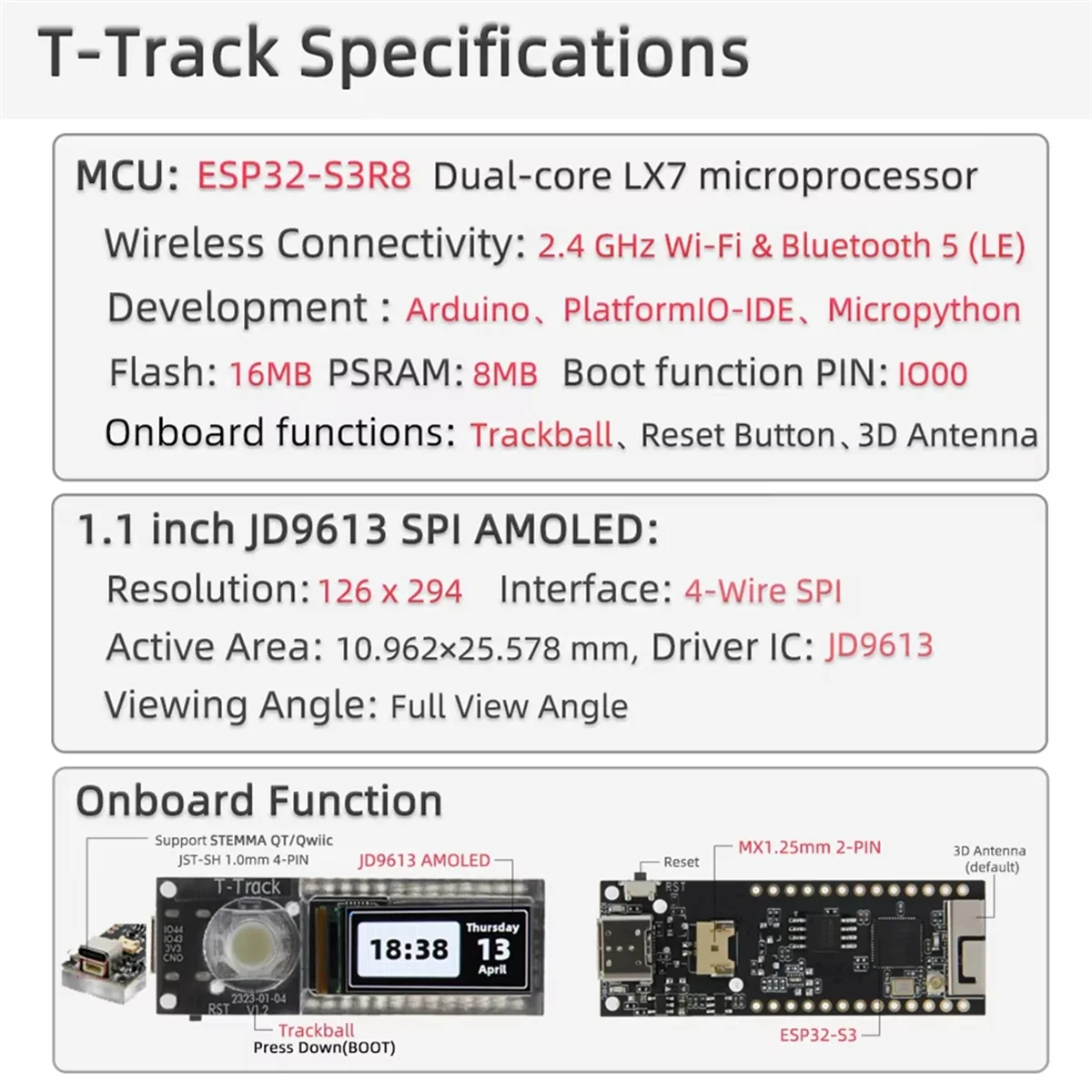

-Track ESP32-S3 AMOLED Trackball Development Board ESP32-S3R8 WiFi Bluetooth 1.1inch Display Module for