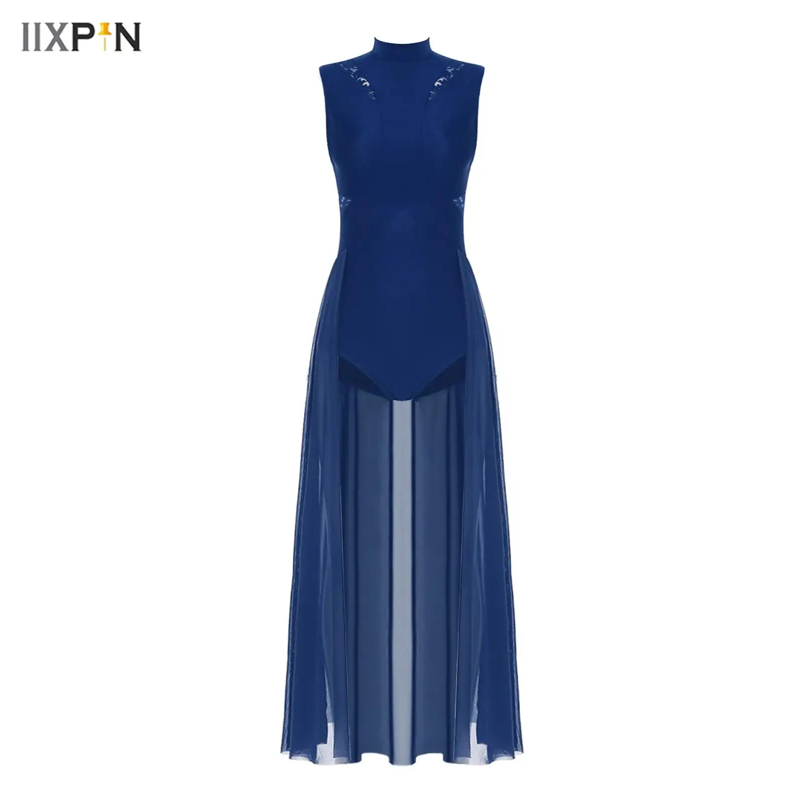 

Womens Lyrical Dance Leotard Dress Floral Lace Mesh Splice Skirt Mock Neck Sleeveless Dress Contemporary Modern Dance Costume