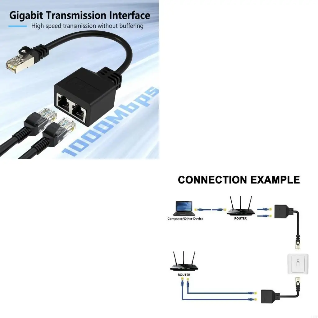 E1PF RJ45 Ethernet Splitter 1 to 2, 1000Mbps Ethernet Switches 2 Port RJ45 LAN Adapter
