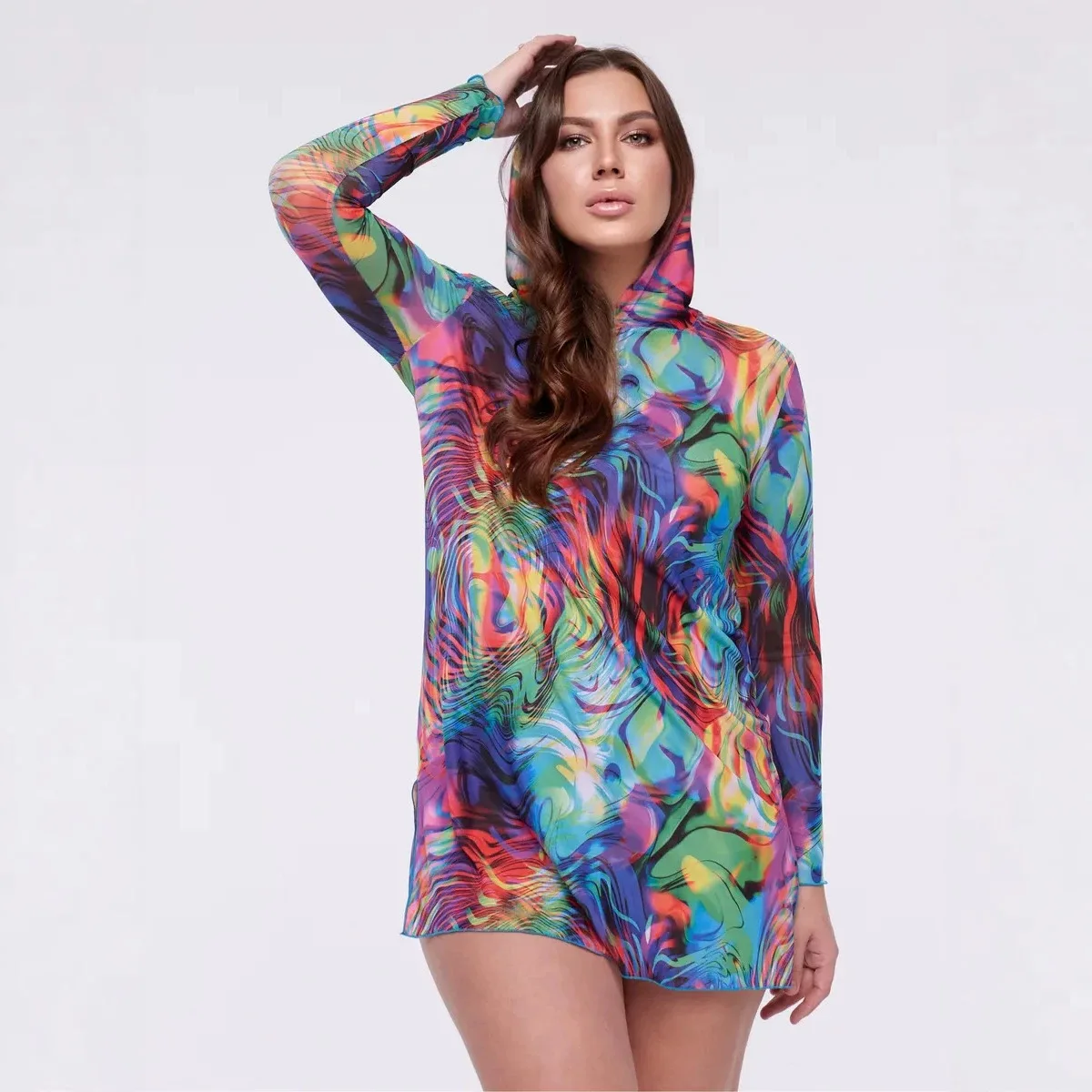 2026 European and American Cross-print Slim-fit Women's Long-sleeved Mesh Tight Pleated Mini Hooded Dress