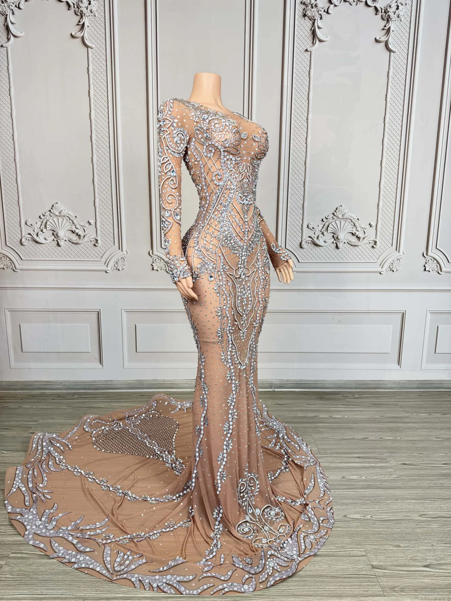 섹시한 아름다움 피쉬테일 이브닝 드레스 화려한 다이아몬드 퍼스펙티브 메쉬 파티 연회 연예인 레드 카펫 런웨이 가운 huacong