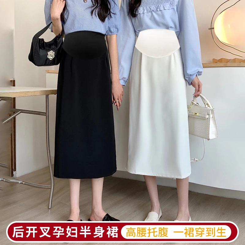 

Summer Thin Drappy OL Youth Maternity Skirts Back Splits A Line Loose Belly Clothes for Pregnant Women Casual Pregnancy