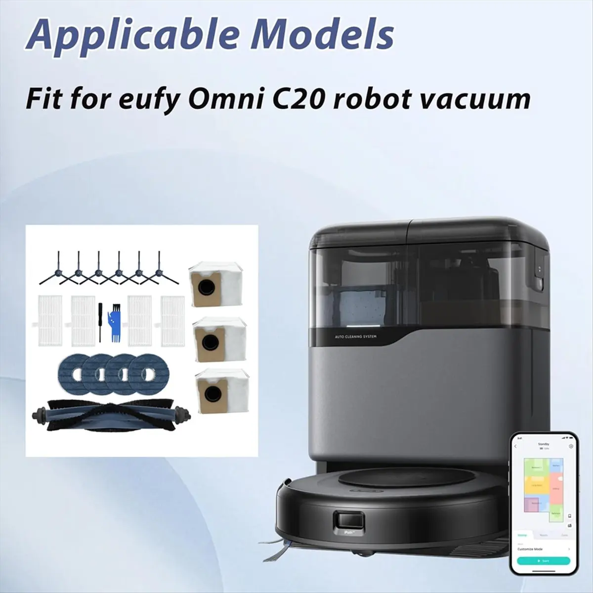 A42F 20PCS for Eufy Omni C20 Vacuum Cleaner Replacement Parts Main Side Brush HEPA Filter Mop Pads Dust Bags Accessories Kits