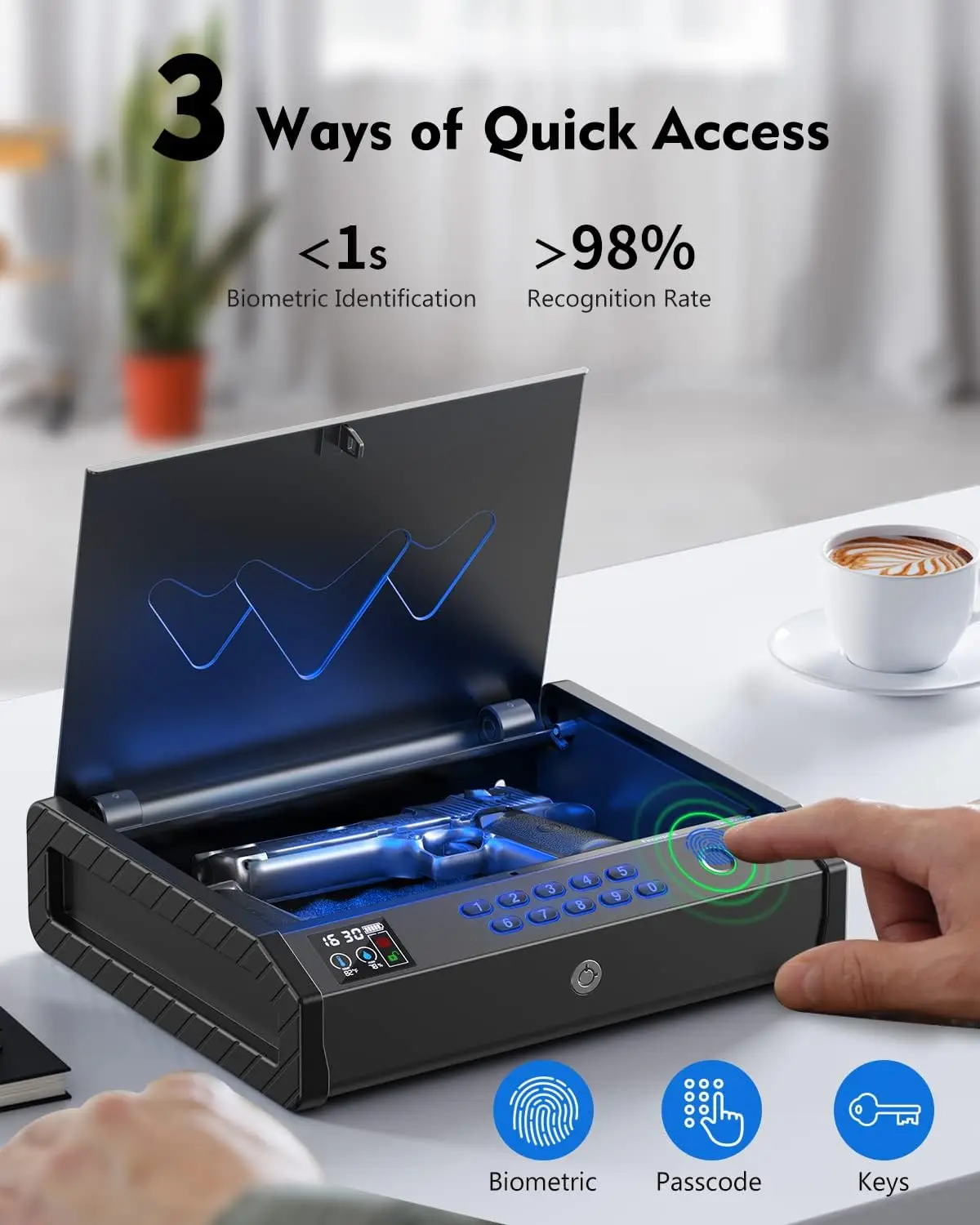 Biometric Gun Safe for Handgun with LCD Display Temp Humidity Small Portable Car Gun Safe for Nightstand, Bedside, Drawer