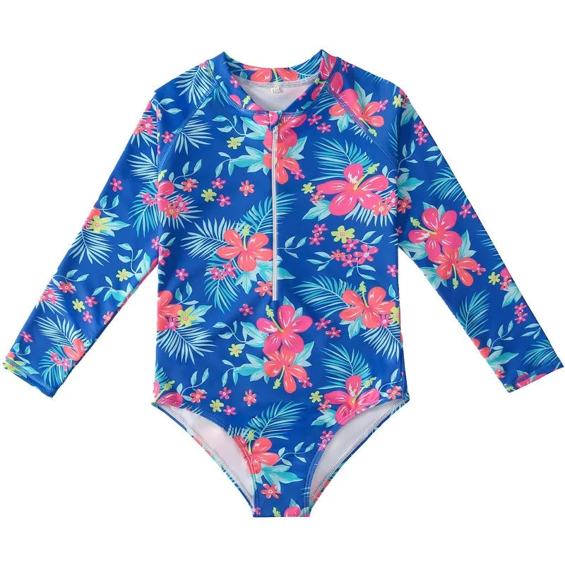 2024 European and American Girl\'s Swimsuit Ins Children\'s Long-Sleeved One-Piece Swimsuit Girls Middle and Big Children Beach