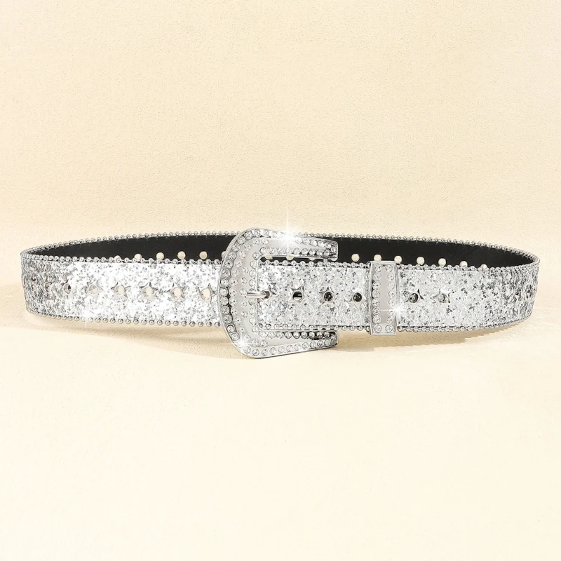 Silver Sequined Waist Belt for Pants Rhinestones Studded Belt Fashion Waistband