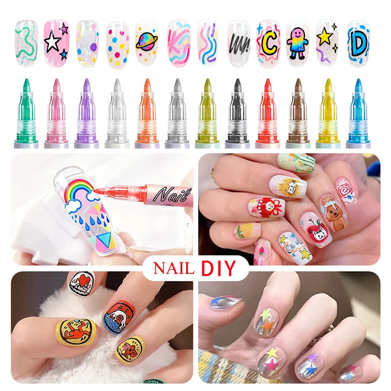 12 Color Nail Art Pens 0.7MM,Waterproof Quick-Drying Nail Polish Pen Kit,Precision Drawing Point Liner for DIY Nail Decoration