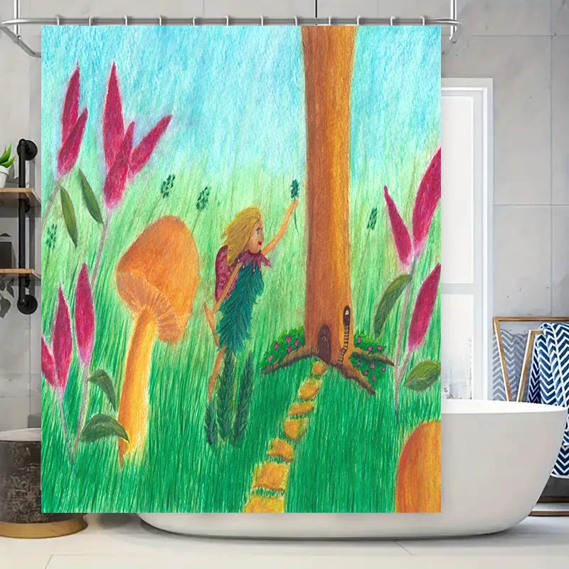 

Enchanting Fairy Garden Shower Curtain Colorful Cartoon Print for Bathroom Decor Made with Durable Polyester Fabric (72x84 inche