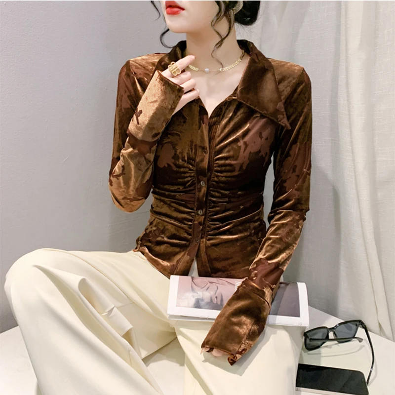 

Faionable Velvet irt Long Sve Women's Sle Splicing Slim Fit Hollow out Button Embellied Regular Length Collar