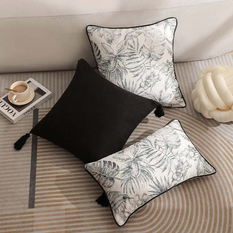 Retor Black&white Style Pillowcase With Tassel French light luxury printed plant Cushion Cover For Living Room Sofa Home Decor