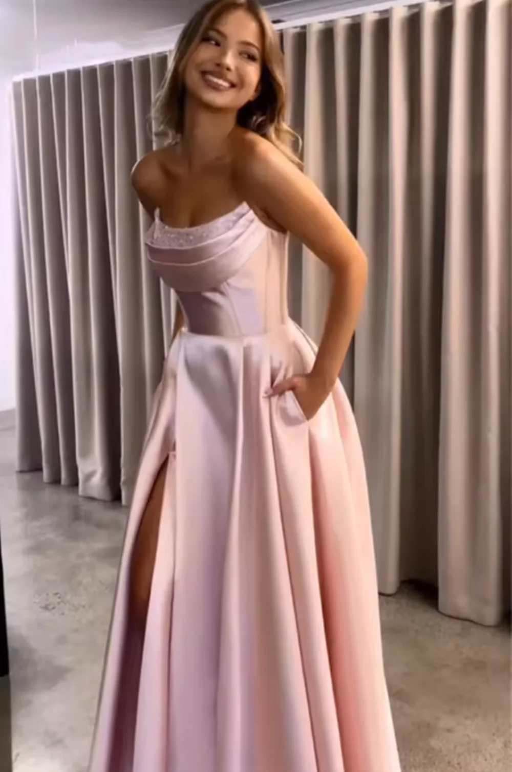 ชุดราตรีผ้าซาตินสั่งตัดพิเศษ ชุดราตรีค็อกเทลผู้หญิง ชุดราตรีทรงเอ ชุดเดรสผู้หญิงมีกระเป๋าสำหรับงานพิธีการ