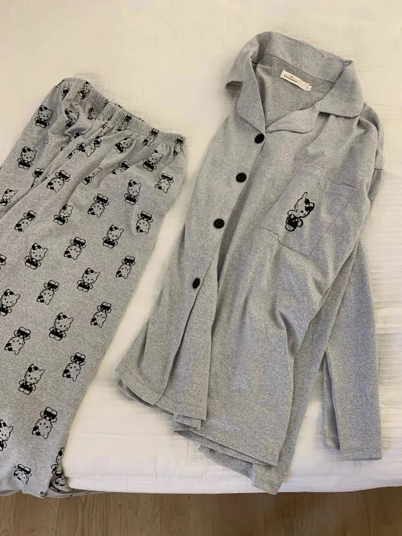 Hello Kitty Sanrio Anime Long Sleeved Long Pants Cotton Pajamas Set Cute Cartoon Girl Heart Casual Home Clothing Gifts For Girl