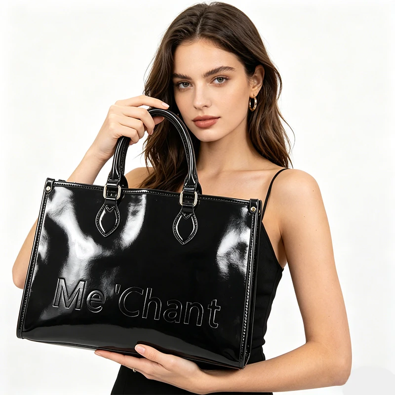 

Women Black Glossy Patent PU Leather Tote Bag Structured Top Handle Handbag Large Capacity Shoulder Bag for Work Daily Shopping