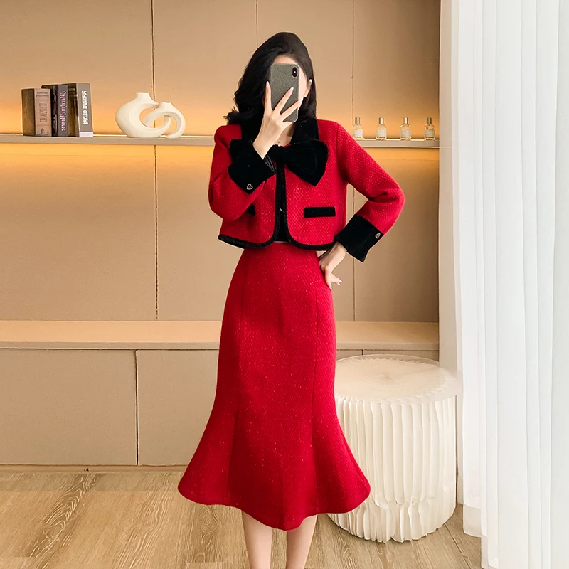 High Quality Women Autumn Winter Tweed Wool Red 2 Piece Set Fashion Vintage Short Coat Outwear+Casual Party Mermaid SKirts Sets