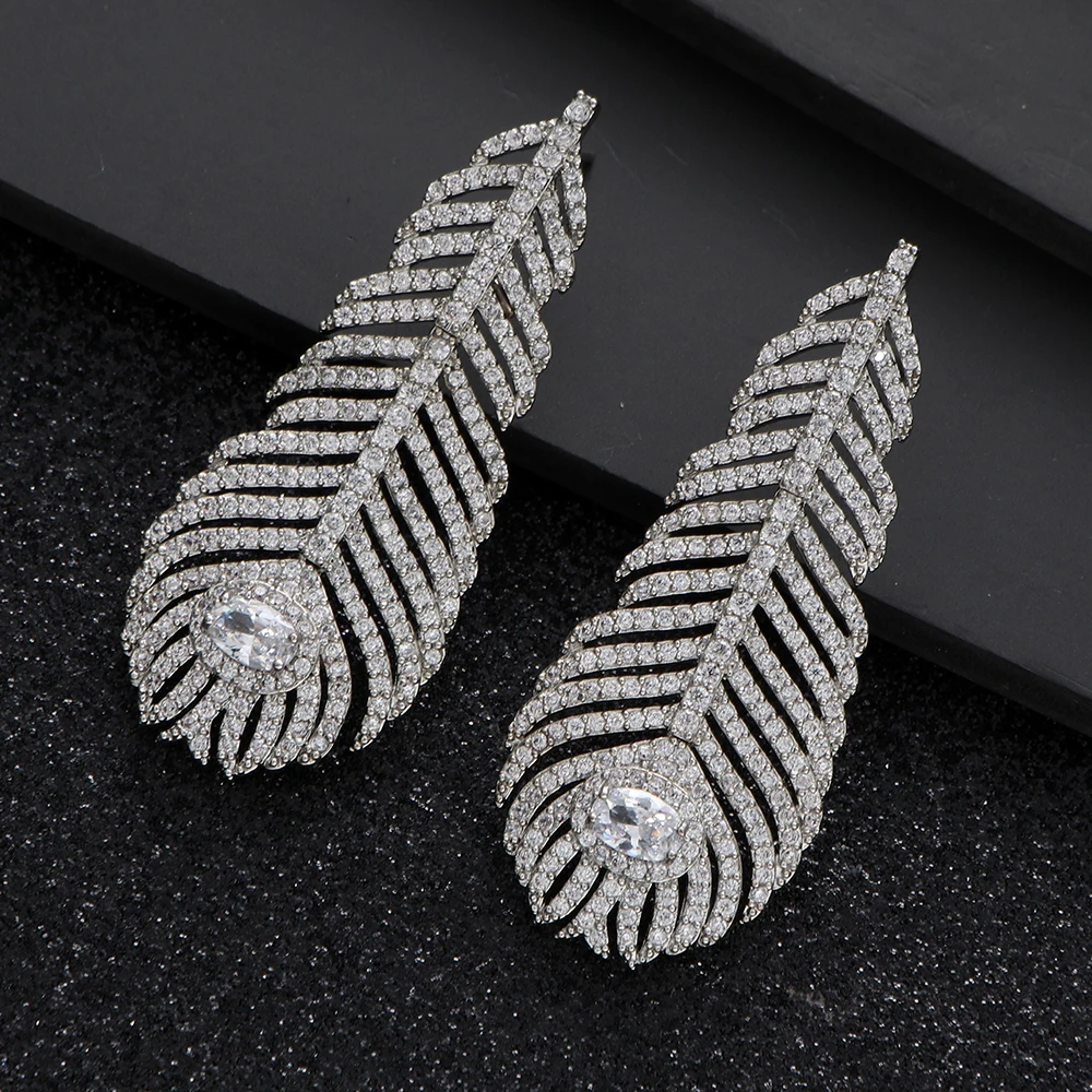 Luxury Peacock Feather Dangle Earrings For Women Wedding Drip Zircon Long Tassels Dubai Bridal Drop Earrings A0201