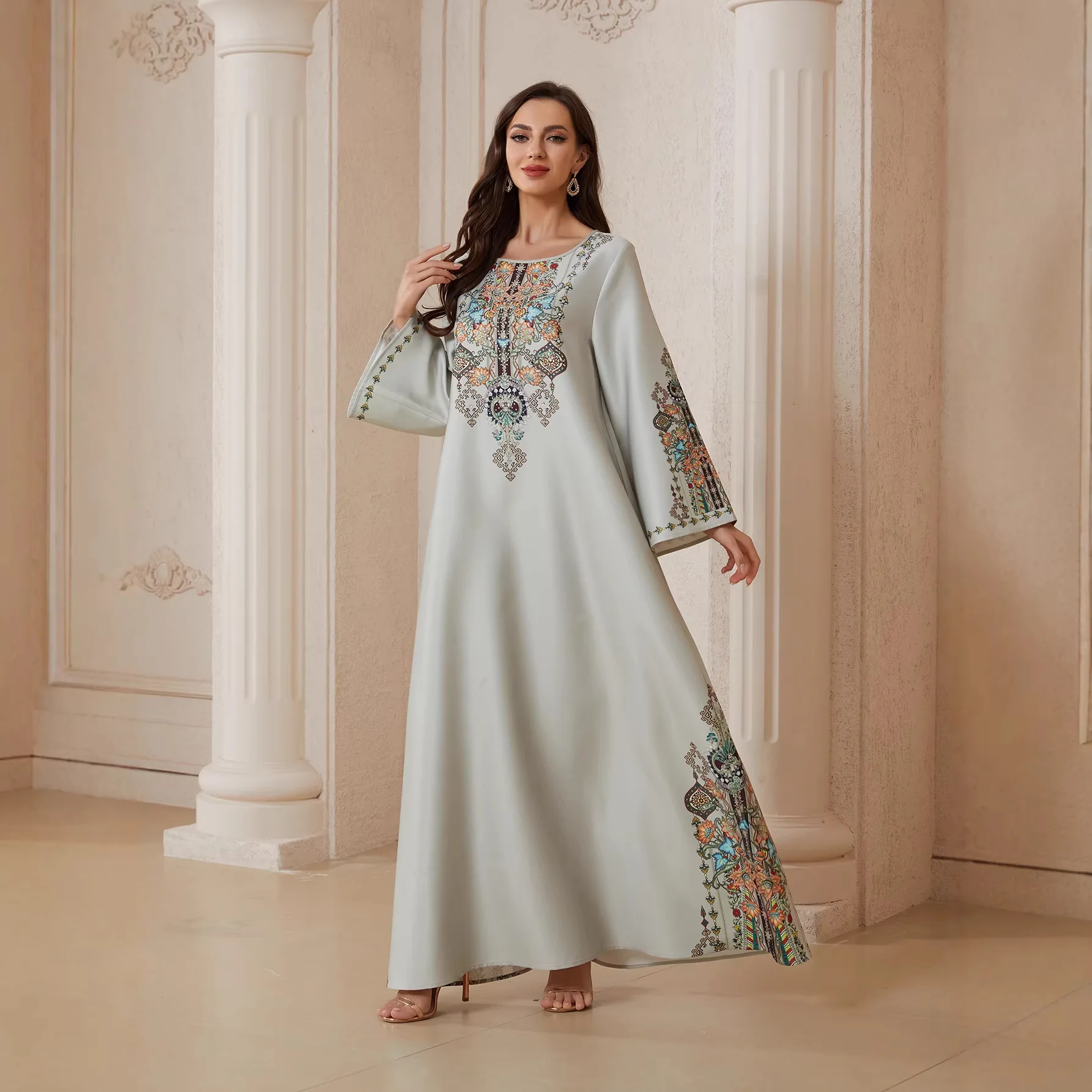 Turkey Muslim 2026 Ethnic New Fashion Women Printed Loose Light Green Trendy Basic Daily Long Sleeve O-neck Abaya Dress Female