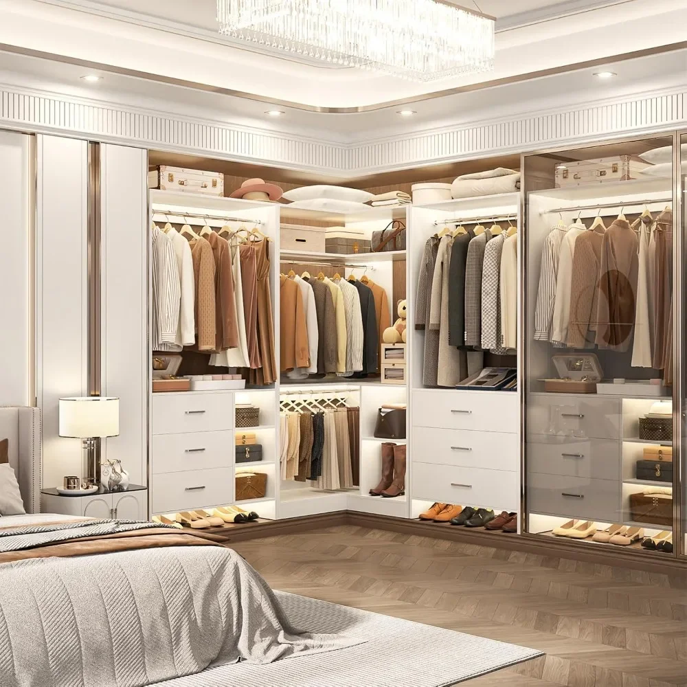 

3 Sets of Wardrobe Systems, 86.8-inch Wardrobe Storage System with 6 Drawers and 4 Hangers, L-shaped Walk-in Wardrobe