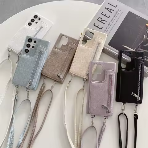 Zipper Crossbody Mirror Leather Wallet For Samsung Galaxy S24 S23 Ultra S22 S21 Plus A13 A33 A53 A54 Card Holder Lanyard Cover