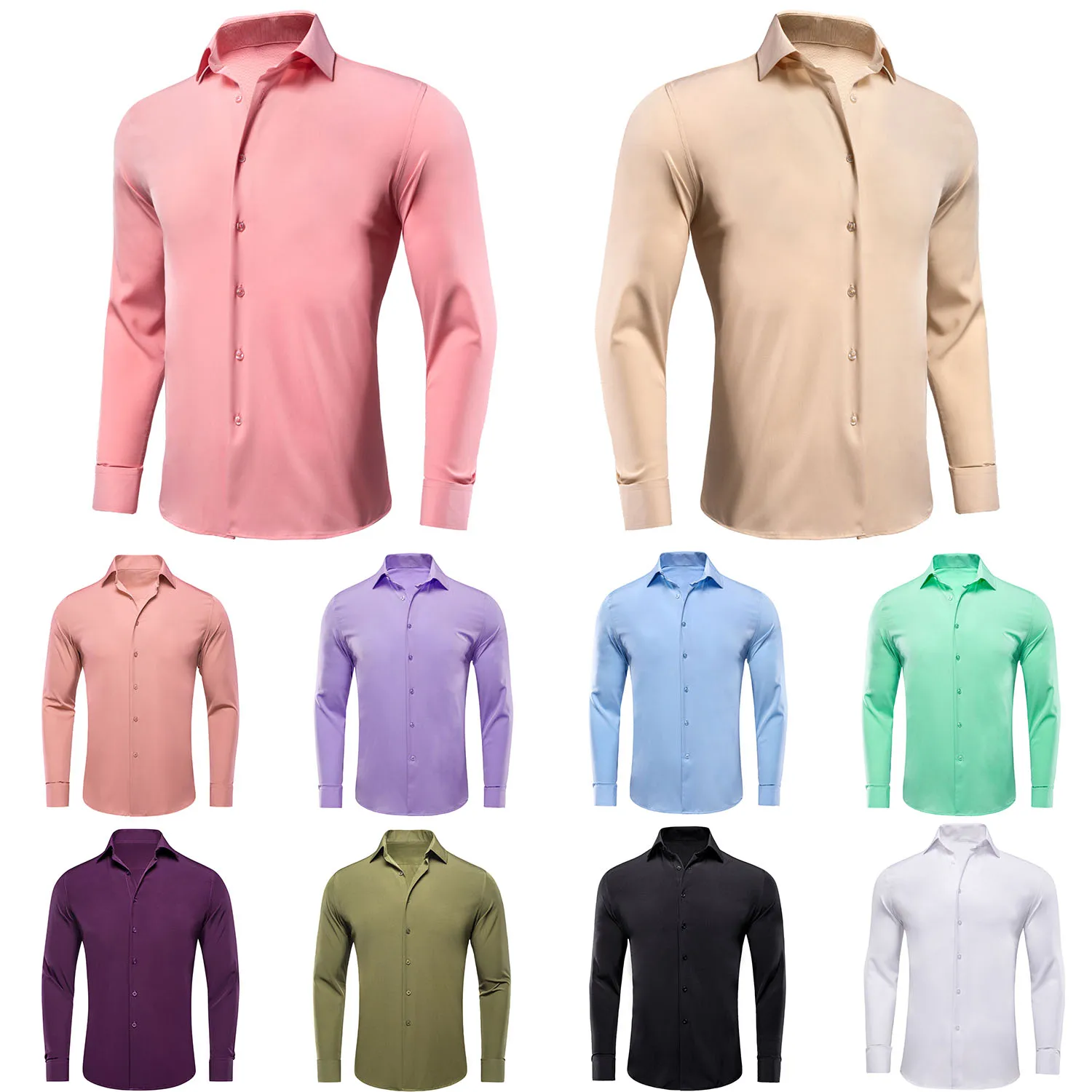 Hi-Tie Silk Pure Yellow Navy Blue Pink Purple Mint Green Mens Shirts Long Sleeve Solid Plain Dress Suit Shirt Formal Blouse Gift