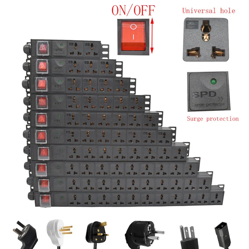 PDU Distribution Network Cabinet Rack power strip 2-11 Unit Universal output Surge protection 2m extended wire PLUG Socket