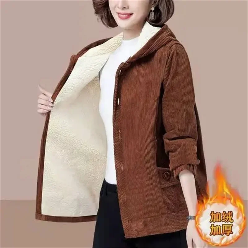 2024 Solid Color Spring Autumn Corduroy Jacket Women\'s Winter Outwear Velvet Thick Simple Loose Jacket Mother Hooded Warm Coat