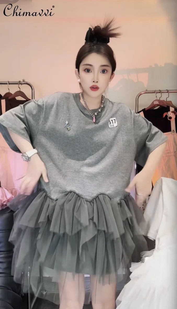 2025年新作 夏 メッシュステッチ 半袖 シンプル Tシャツワンピース 学生 レディース カジュアル ホワイト＆グレー ショート丈Tシャツワンピース