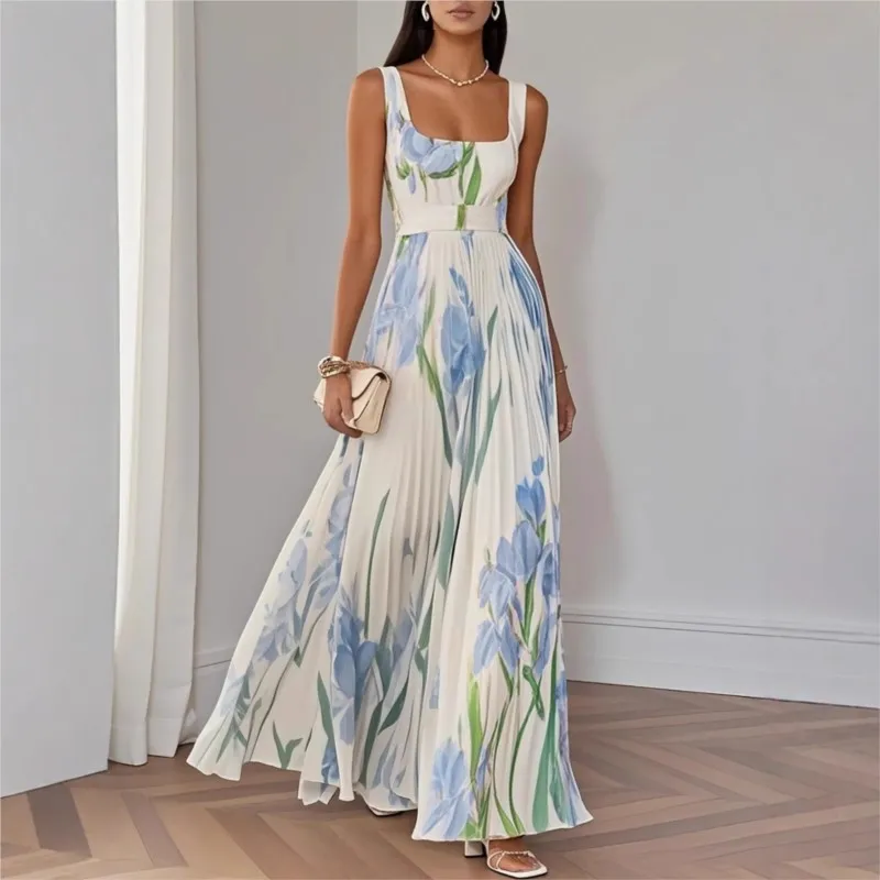 Elegante Damenkleider mit quadratischem Kragen, Blume, 2025, Sommer, sexy Blumendruck, Boho-Strandkleid