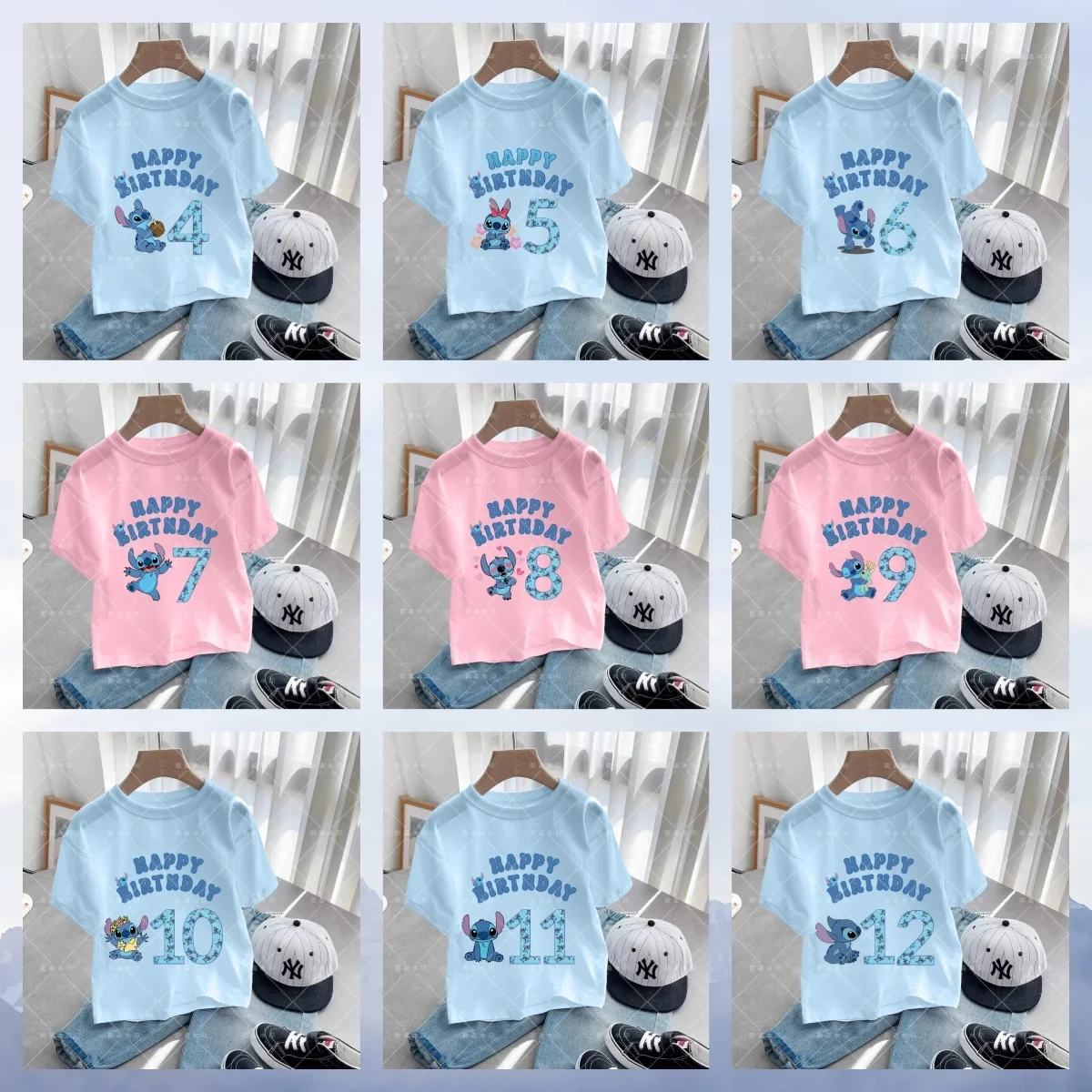 Stitch Blue Pink Kids T-shirt Disney Birthday No. 3-12 Kawaii Boys Girls Casual Wear Anime Little Baby Casual T-shirt top