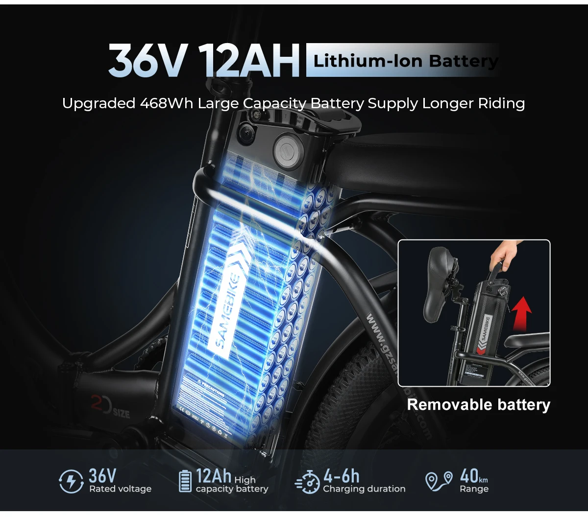 Samebike CY20 Faltbares Elektrofahrrad 250W mit 36V 12Ah Herausnehmbarer Akku, 20 Zoll E-Bike für Erwachsene, 7-Gang, 25 km/h und Reichweite bis 40-60km – Detail 5