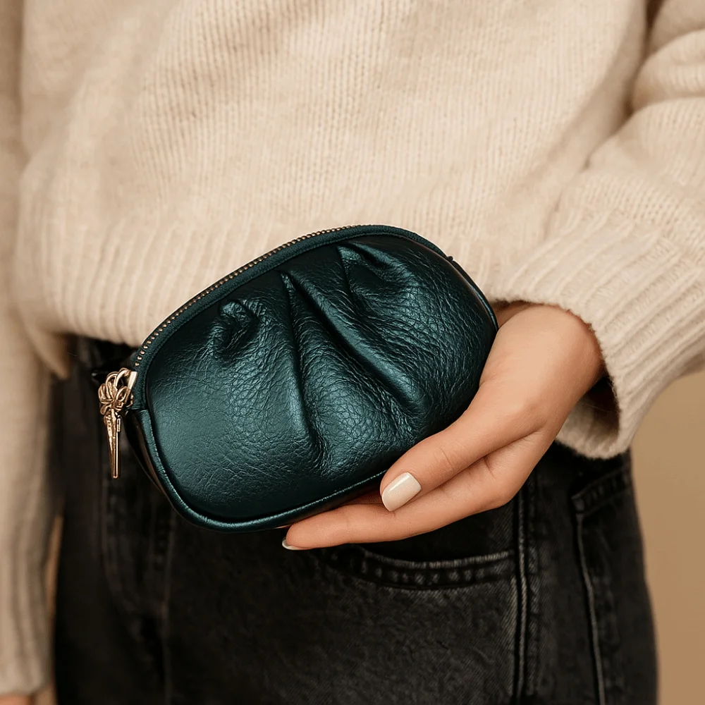 

Elegant Wrinkle Mini Wallet Double-layer Solid Color PU Leather Coin Purse Zipper Multifunctional Card Holder Men