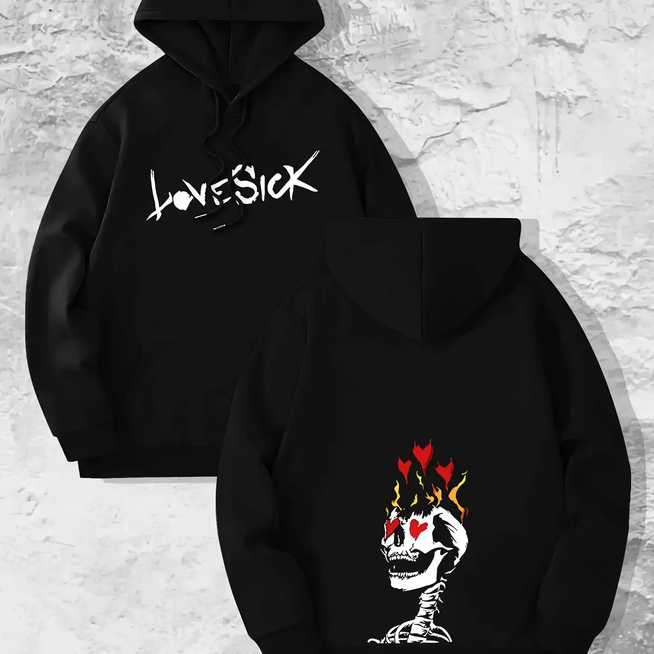 Men's Thick Fleece Hoodie for Autumn and Winter, Rugged Graffiti LOVESICK Flame Heart Skull Print Pullover