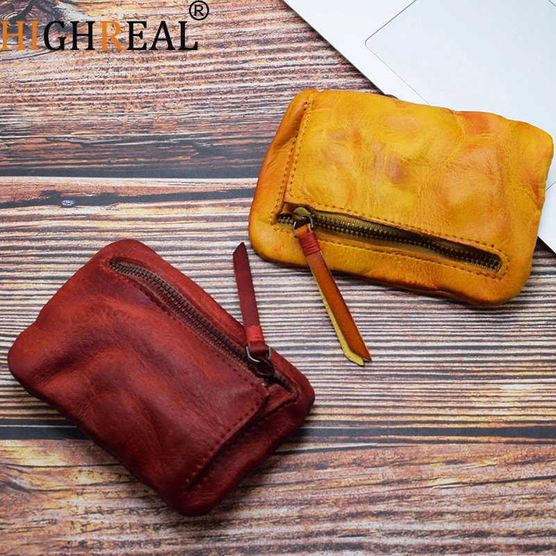 

Ретро выцветший кожаный кошелек для монет из натуральной яловой кожи на молнии, маленькая сумка для хранения для мужчин и женщин
